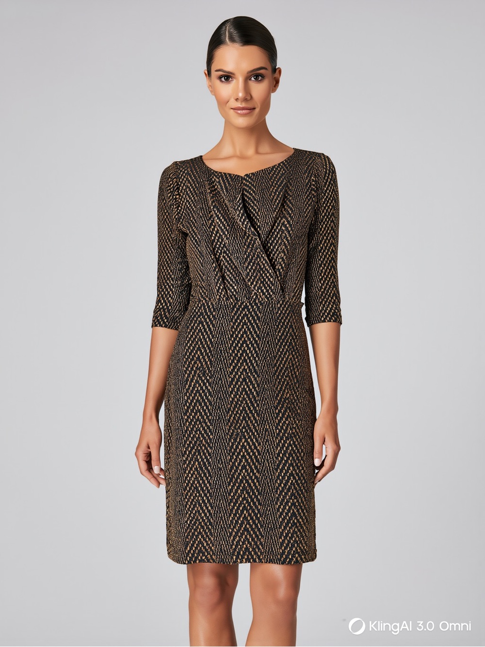Elegant Brown Patterned Shift Dress - 3/4 Sleeve